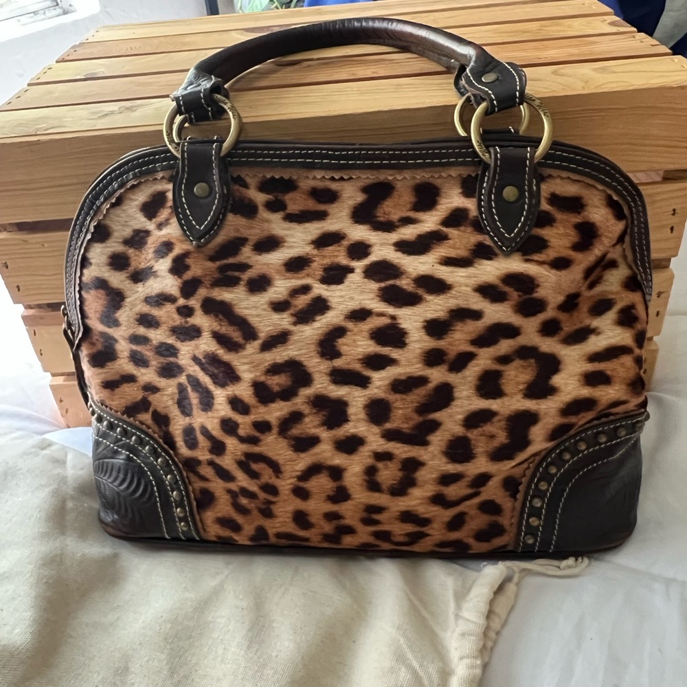 American West Vintage Leather Handbag Tooled Leather/ Animal Print Hair On/Studs - Picture 15 of 15